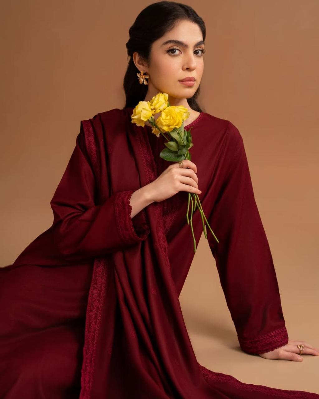 Mehroon Emb 3pc - Riwaiti Rang